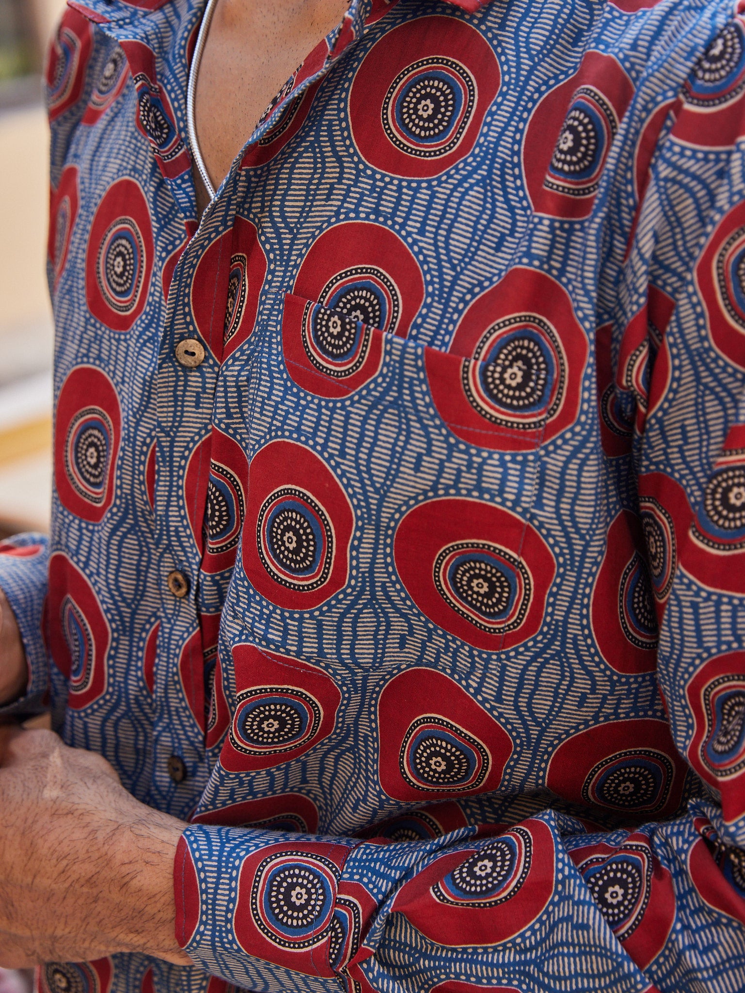 Cotton Blue-Red Ajrakh Geometric Men's Fullsleeves Shirt