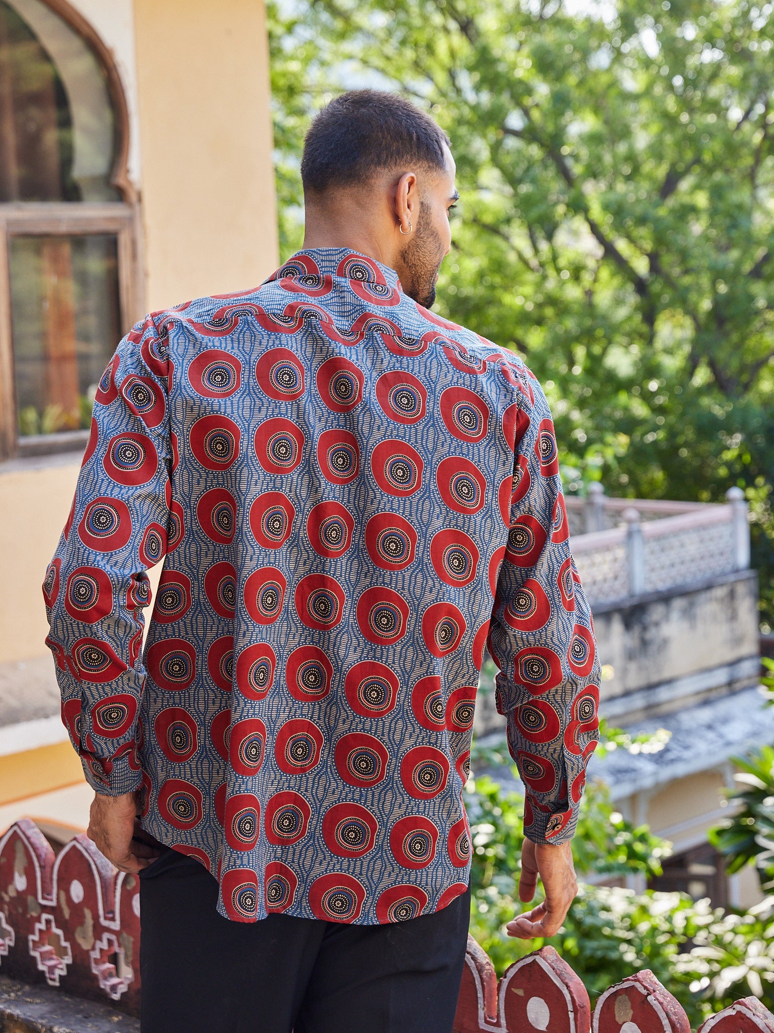 Cotton Blue-Red Ajrakh Geometric Men's Fullsleeves Shirt
