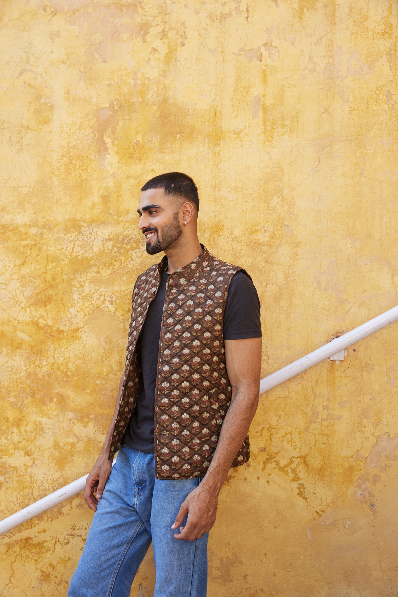 Cotton Men's Quilted Brown Floral Sleevless Jacket