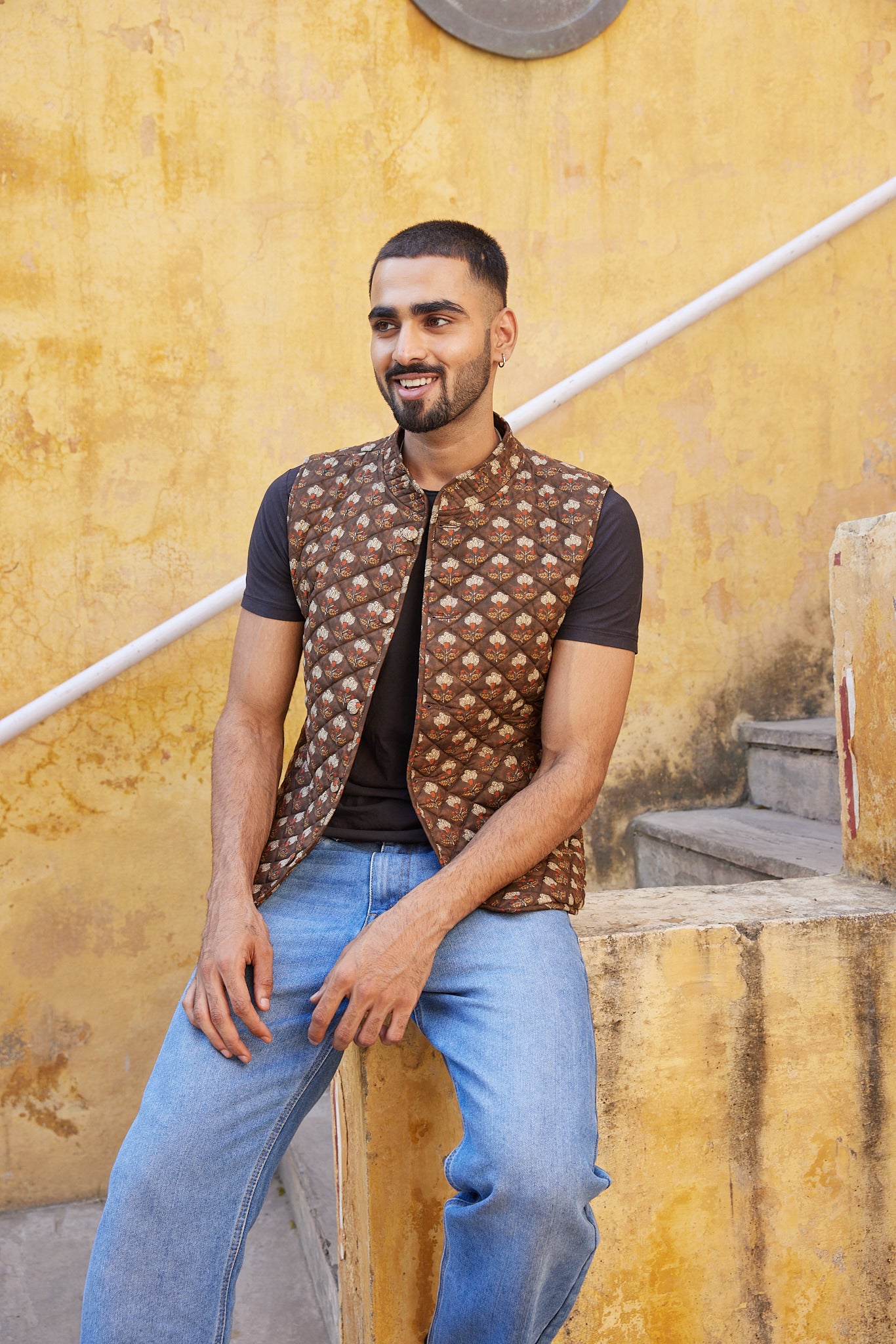 Cotton Men's Quilted Brown Floral Sleevless Jacket