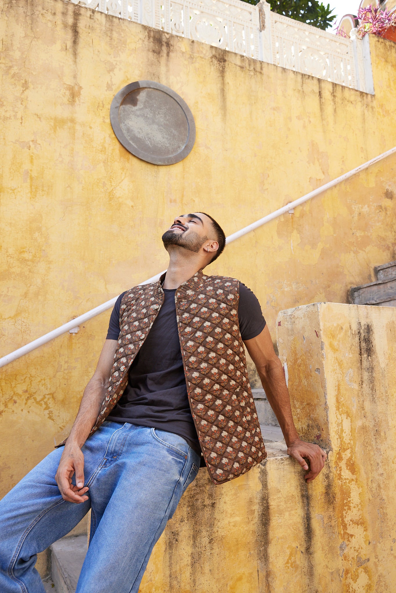 Cotton Men's Quilted Brown Floral Sleevless Jacket