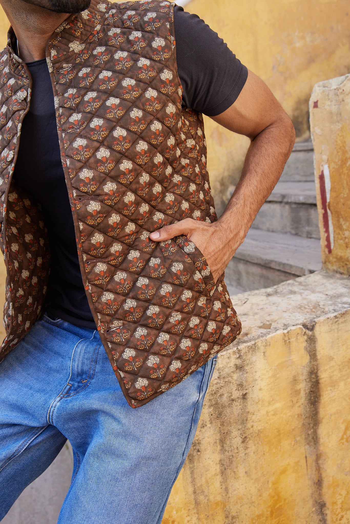Cotton Men's Quilted Brown Floral Sleevless Jacket