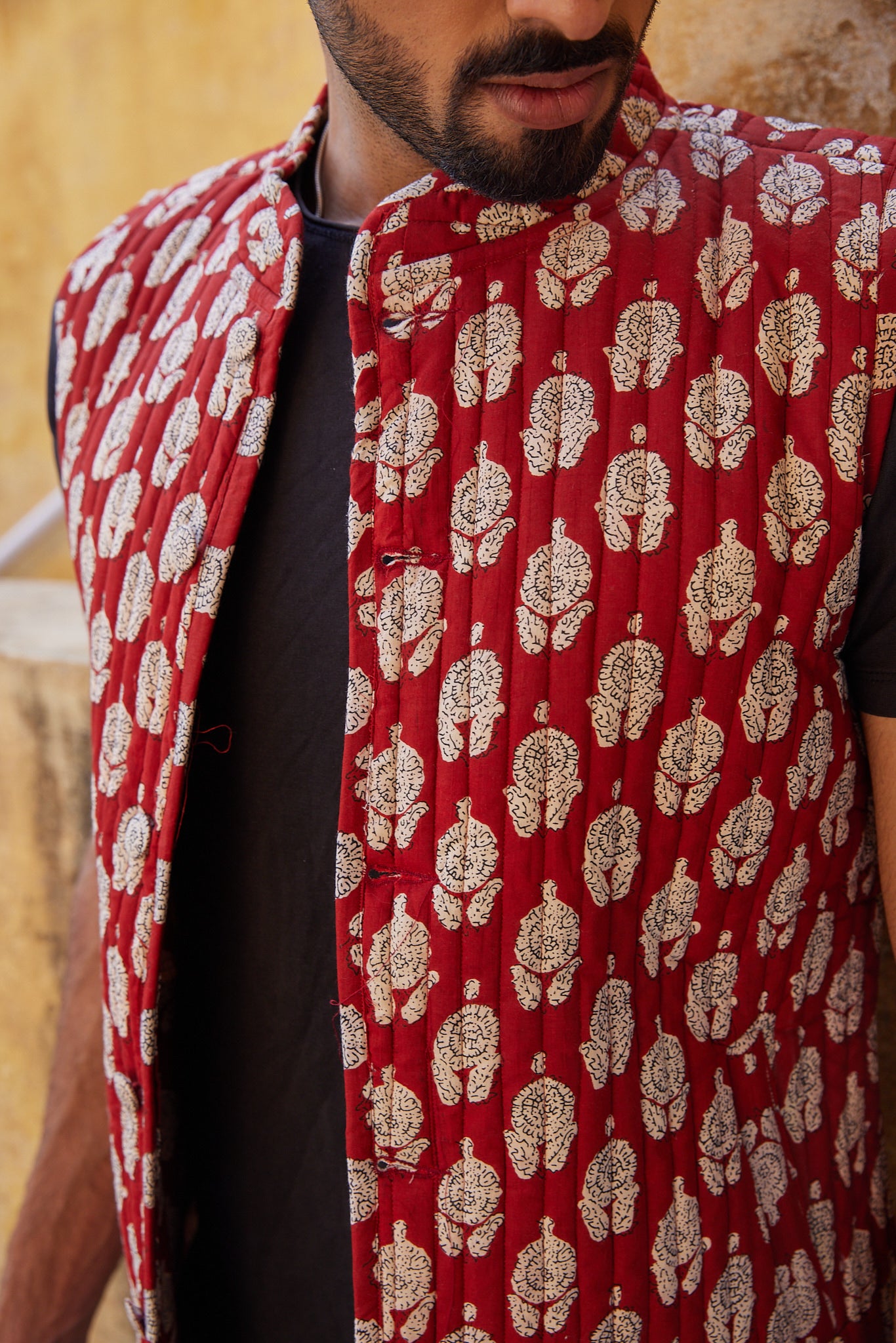 Cotton Men's Quilted Red-Cream Floral Sleevless Jacket