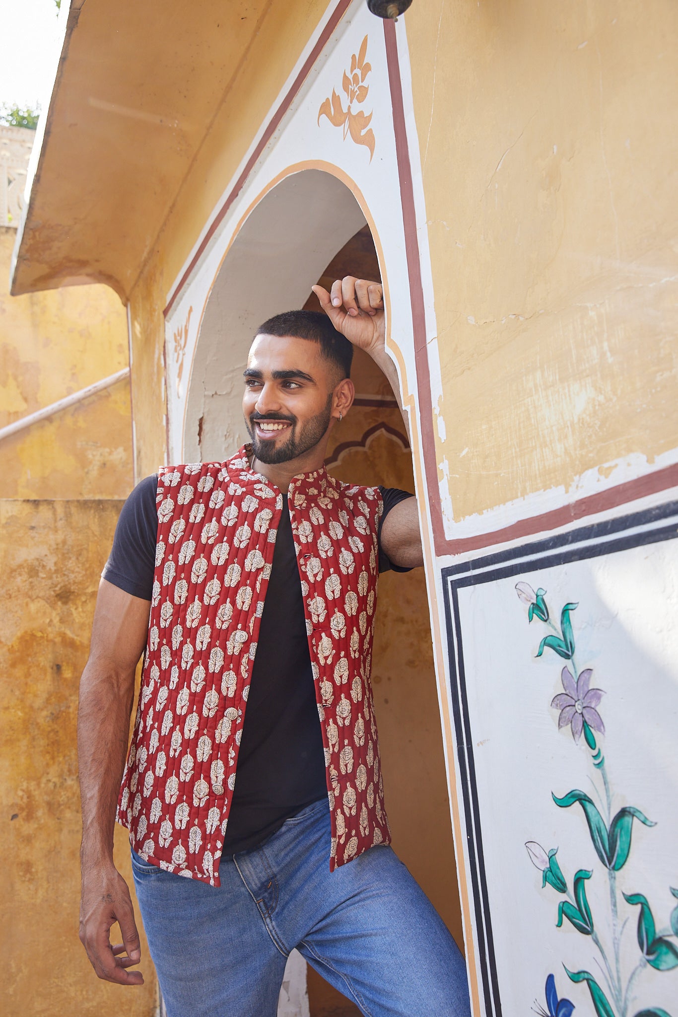 Cotton Men's Quilted Red-Cream Floral Sleevless Jacket