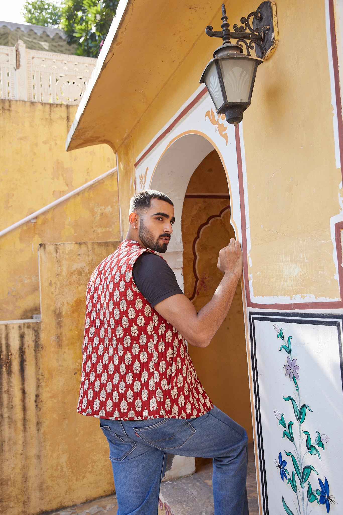 Cotton Men's Quilted Red-Cream Floral Sleevless Jacket