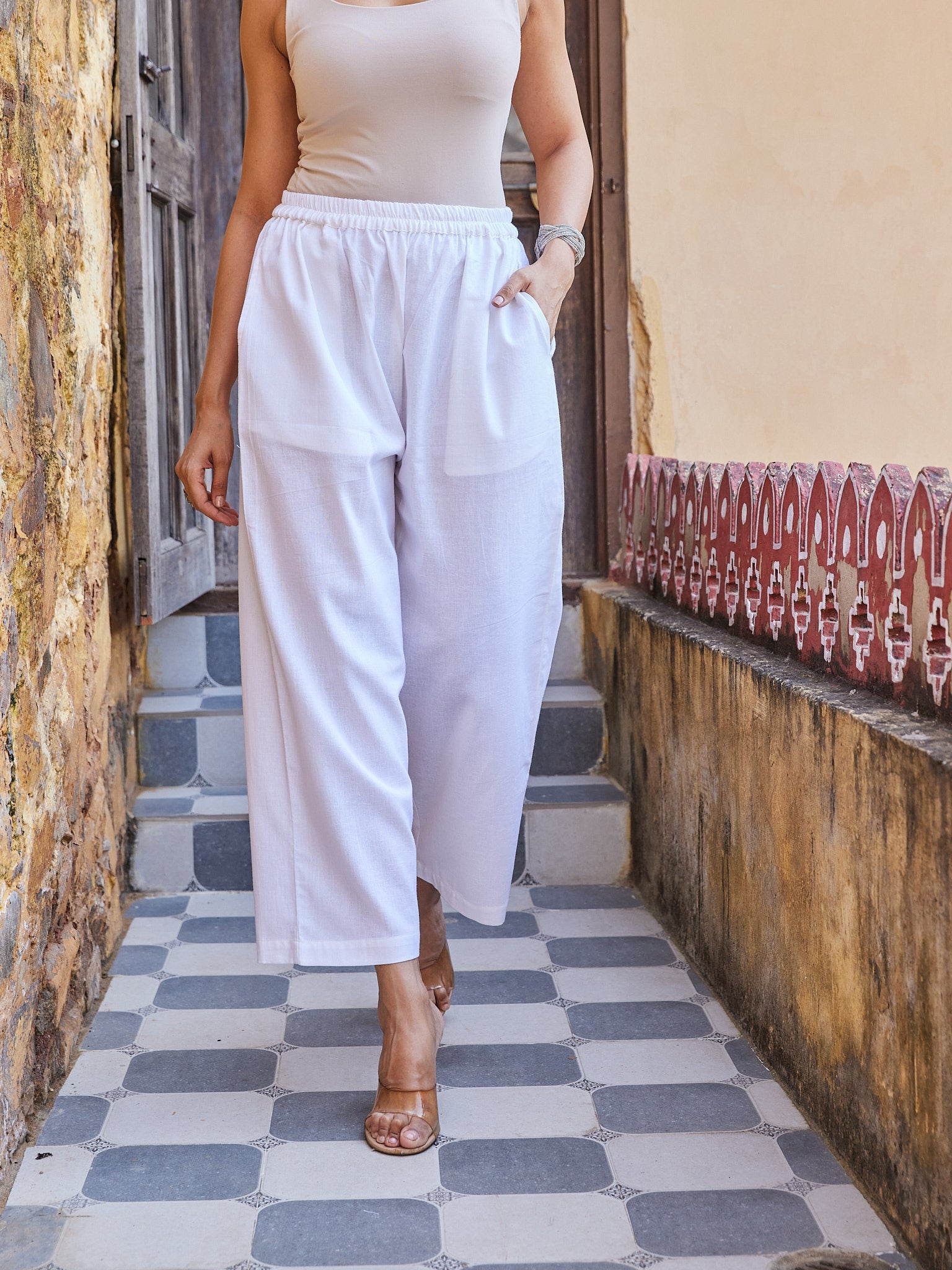 Cotton White Women Straight Pant
