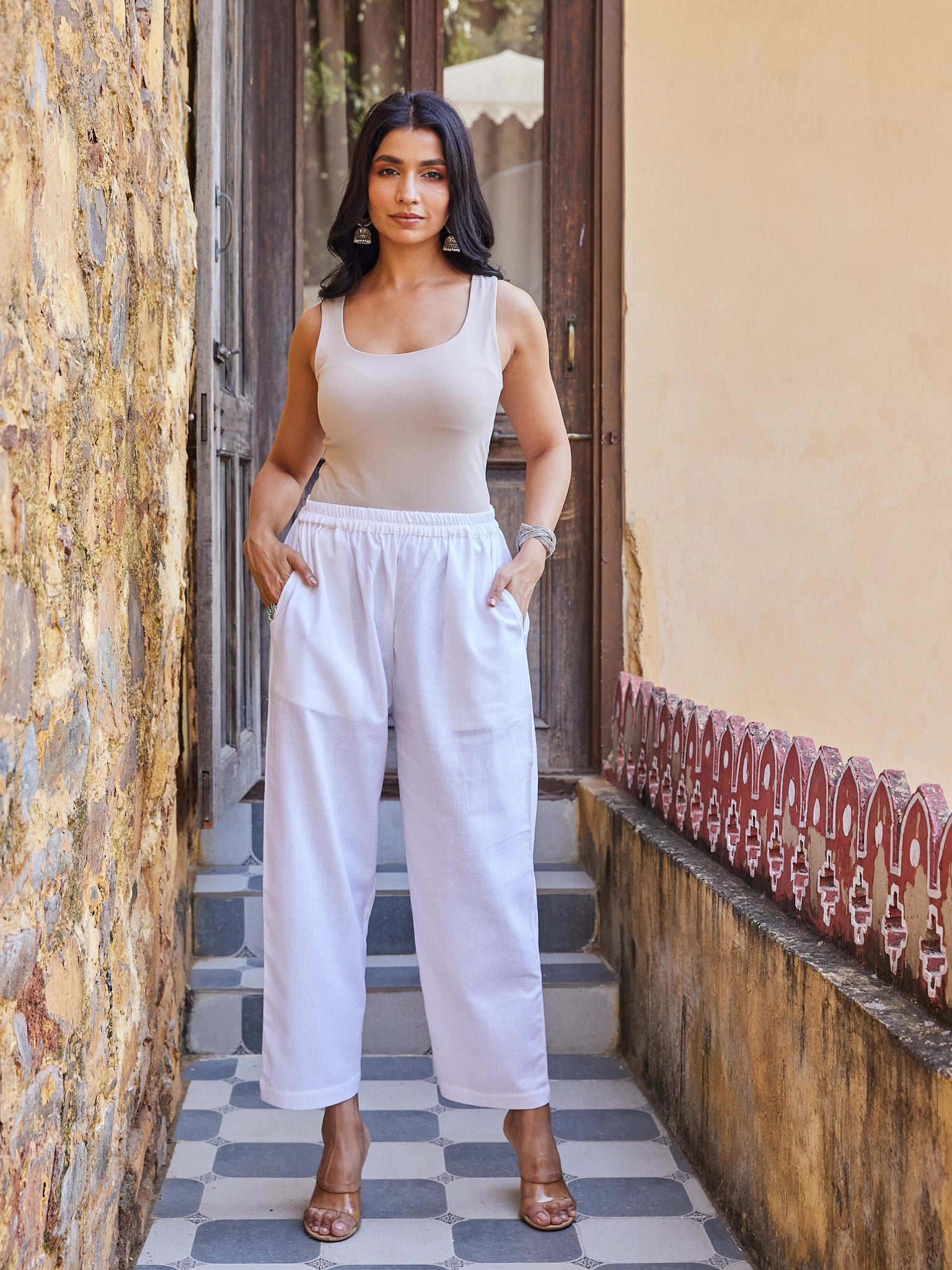 Cotton White Women Straight Pant