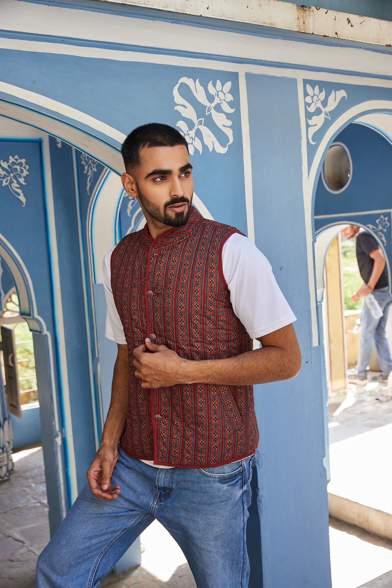 Cotton Men's Quilted Red-Blue Floral Sleevless Jacket