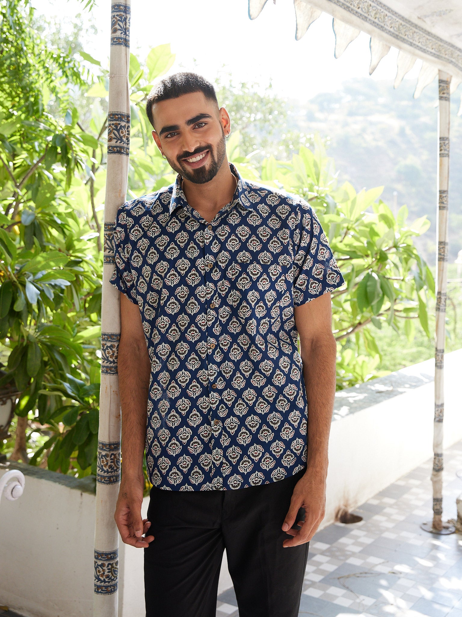 Cotton Men's Blue-White Floral Half Sleeves Shirt