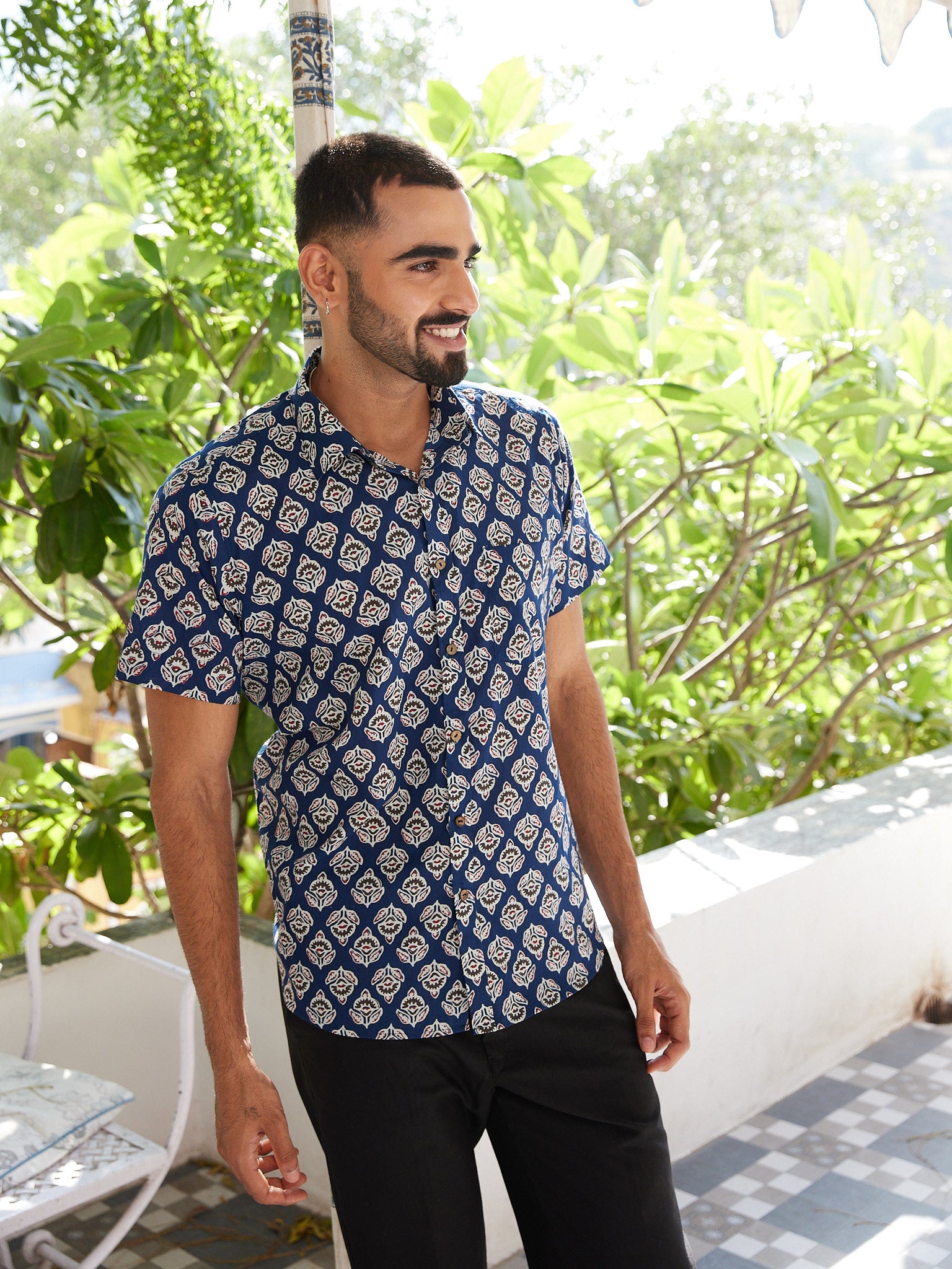 Cotton Men's Blue-White Floral Half Sleeves Shirt