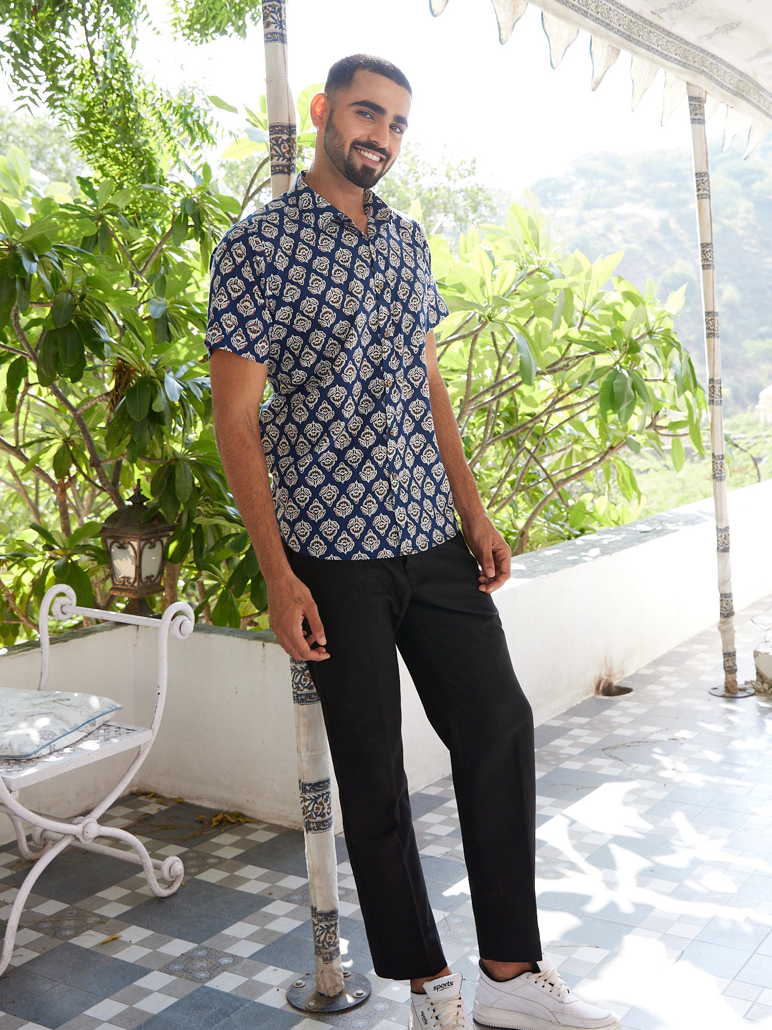 Cotton Men's Blue-White Floral Half Sleeves Shirt