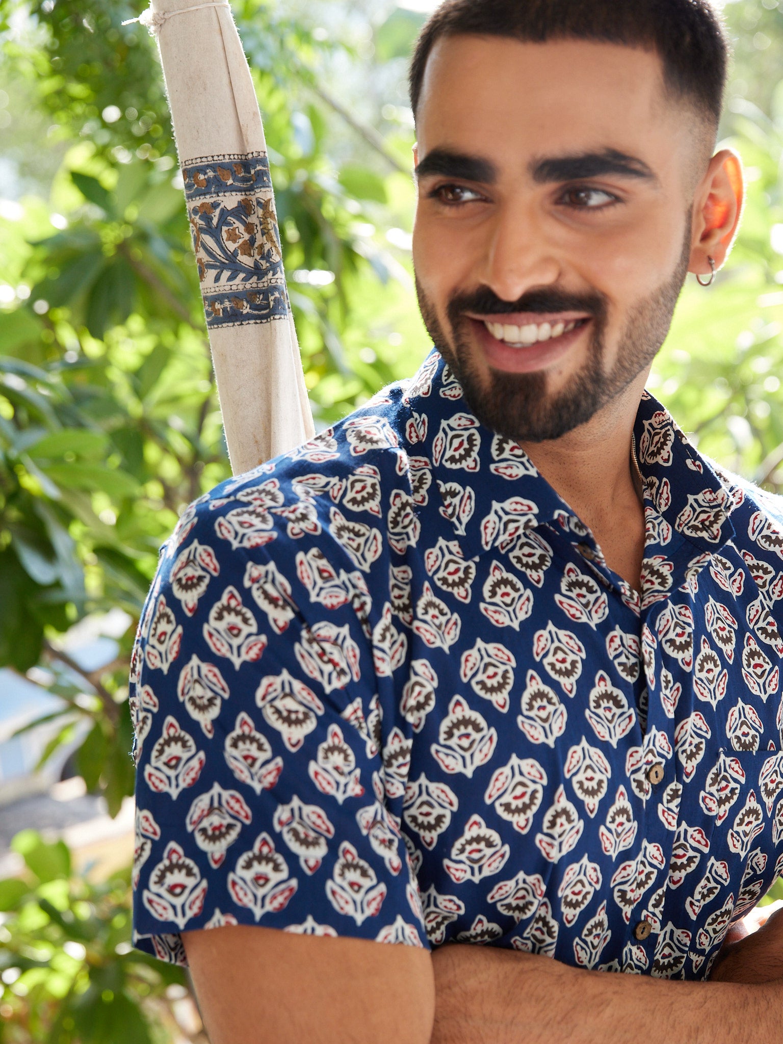 Cotton Men's Blue-White Floral Half Sleeves Shirt