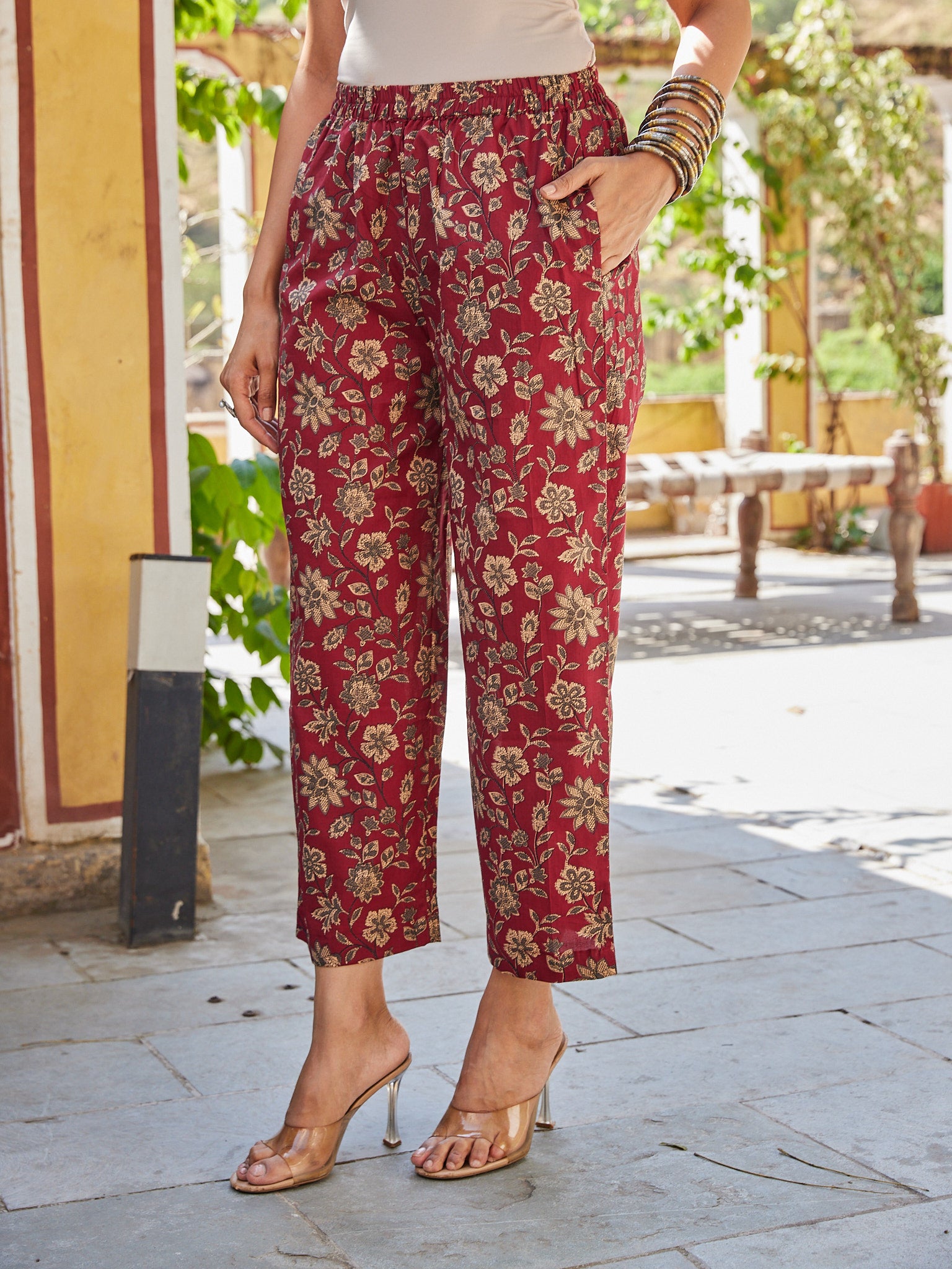 Cotton Women's Maroon-Cream Floral Straight Pant
