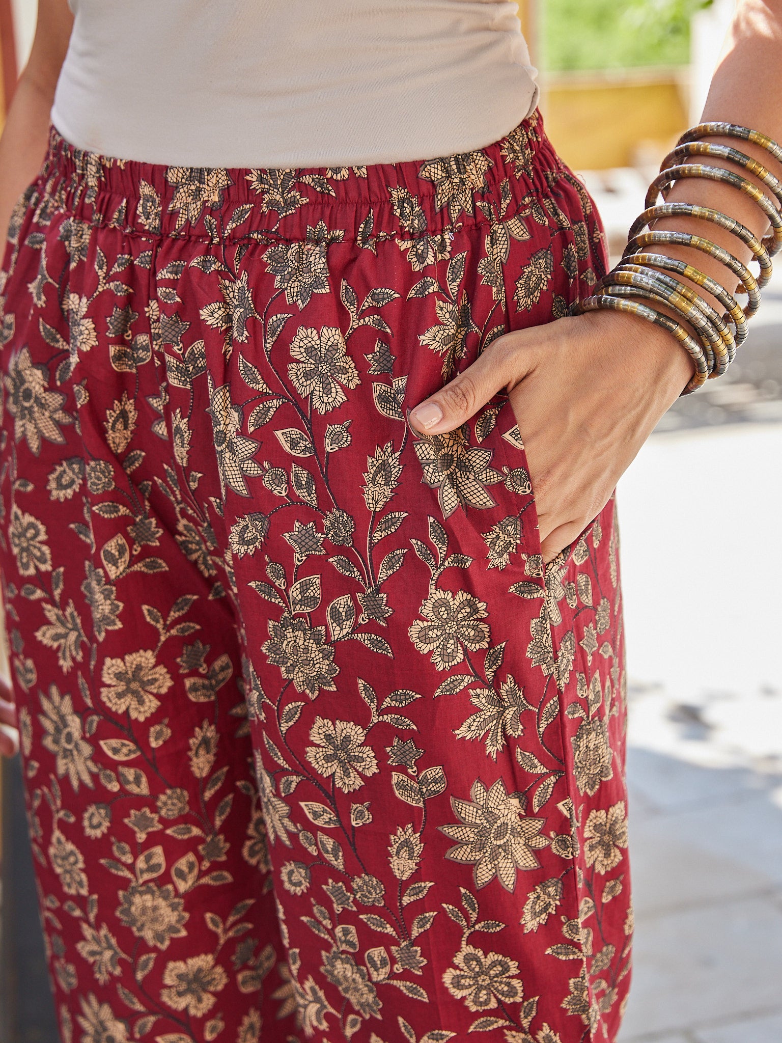 Cotton Women's Maroon-Cream Floral Straight Pant