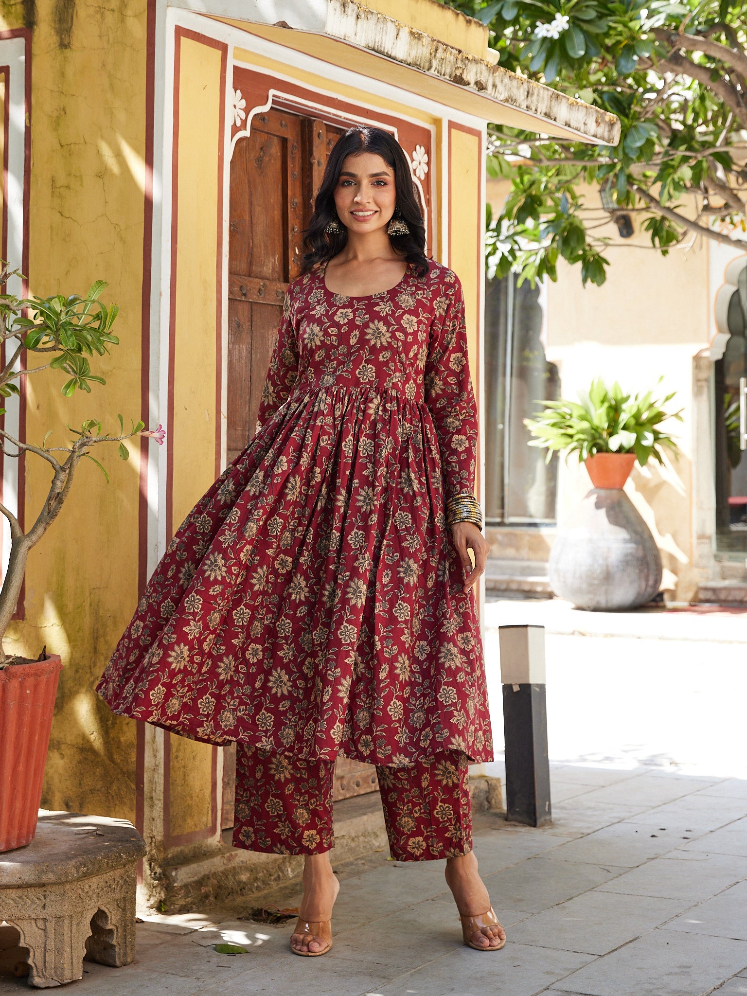 Cotton Women's Maroon-Cream Floral Kurta Pant Set