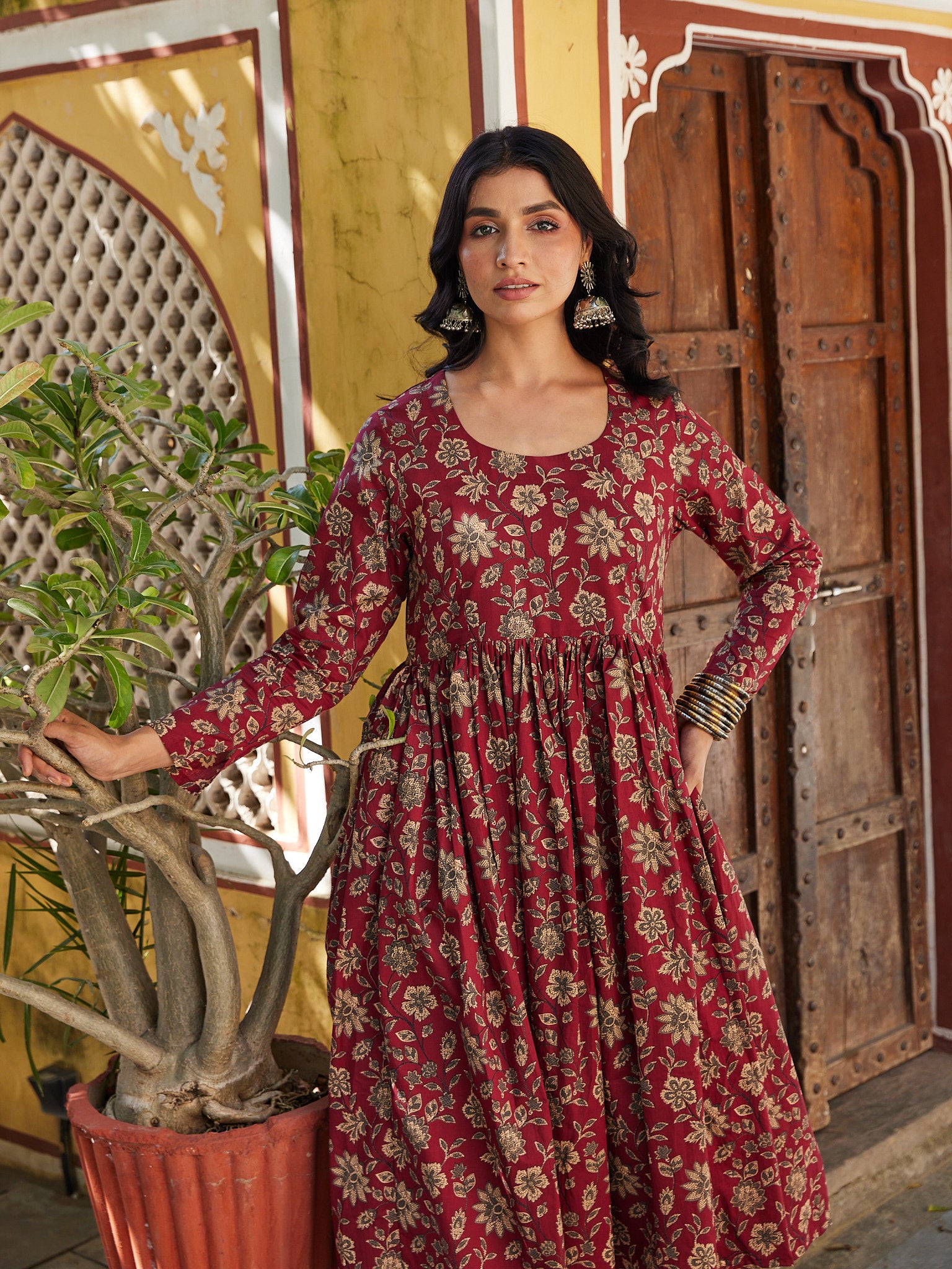 Cotton Women's Maroon-Cream Floral Kurta Pant Set