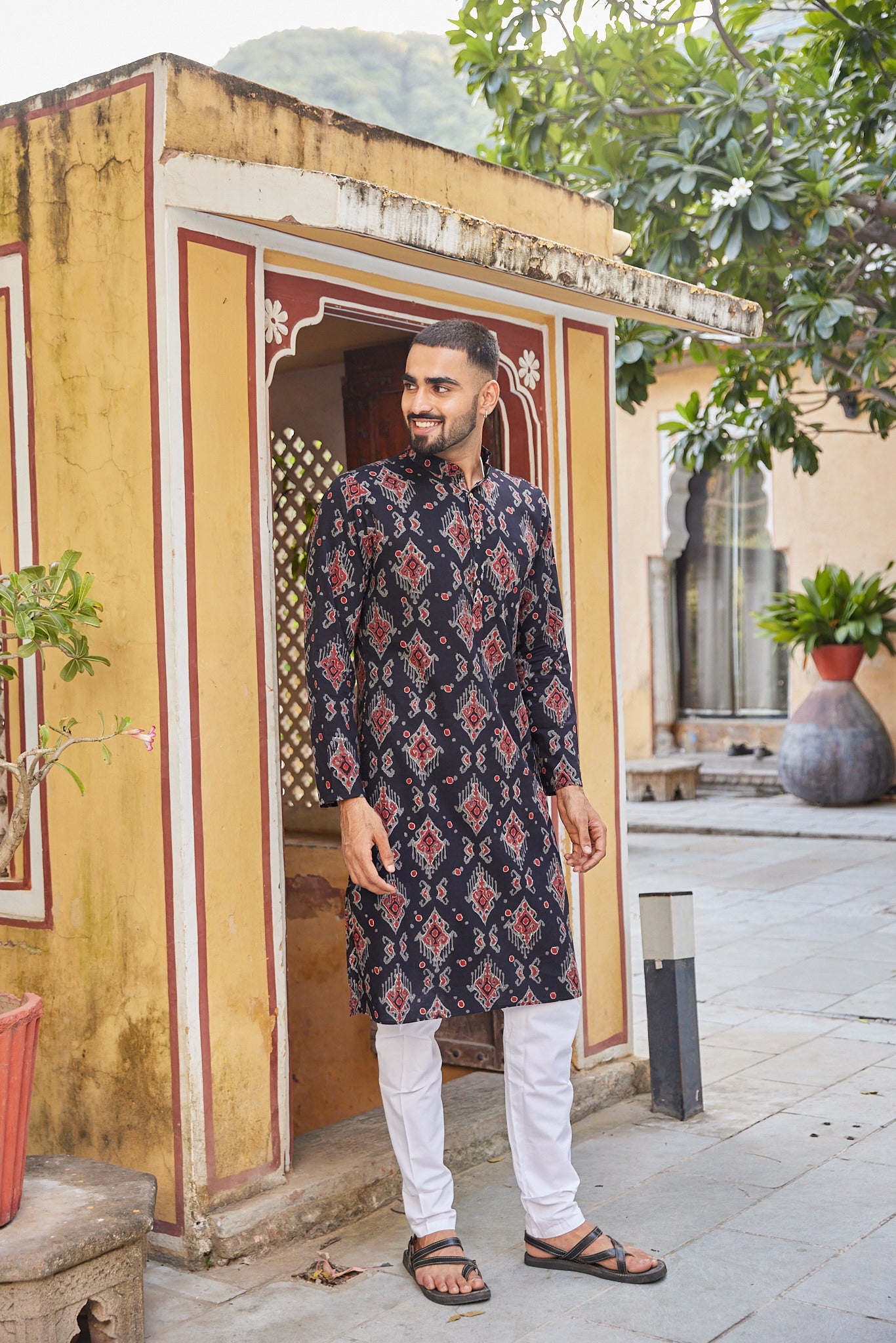 Cotton Black-Red Ikat Block Print Men's Ethnic Kurta