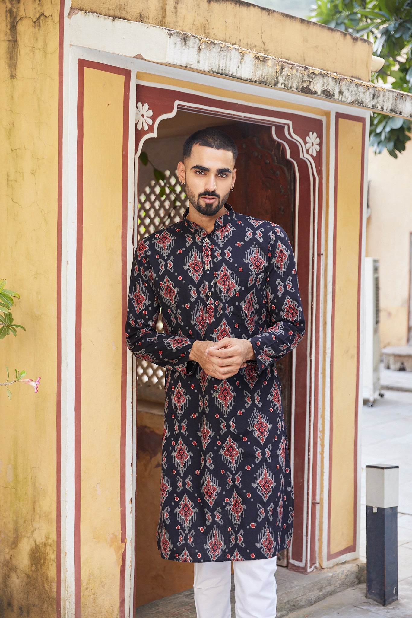 Cotton Black-Red Ikat Block Print Men's Ethnic Kurta