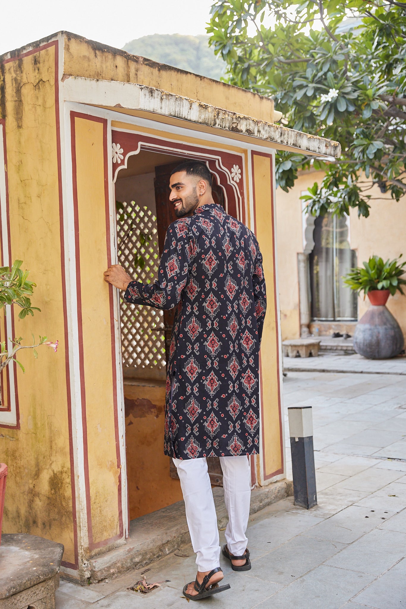 Cotton Black-Red Ikat Block Print Men's Ethnic Kurta