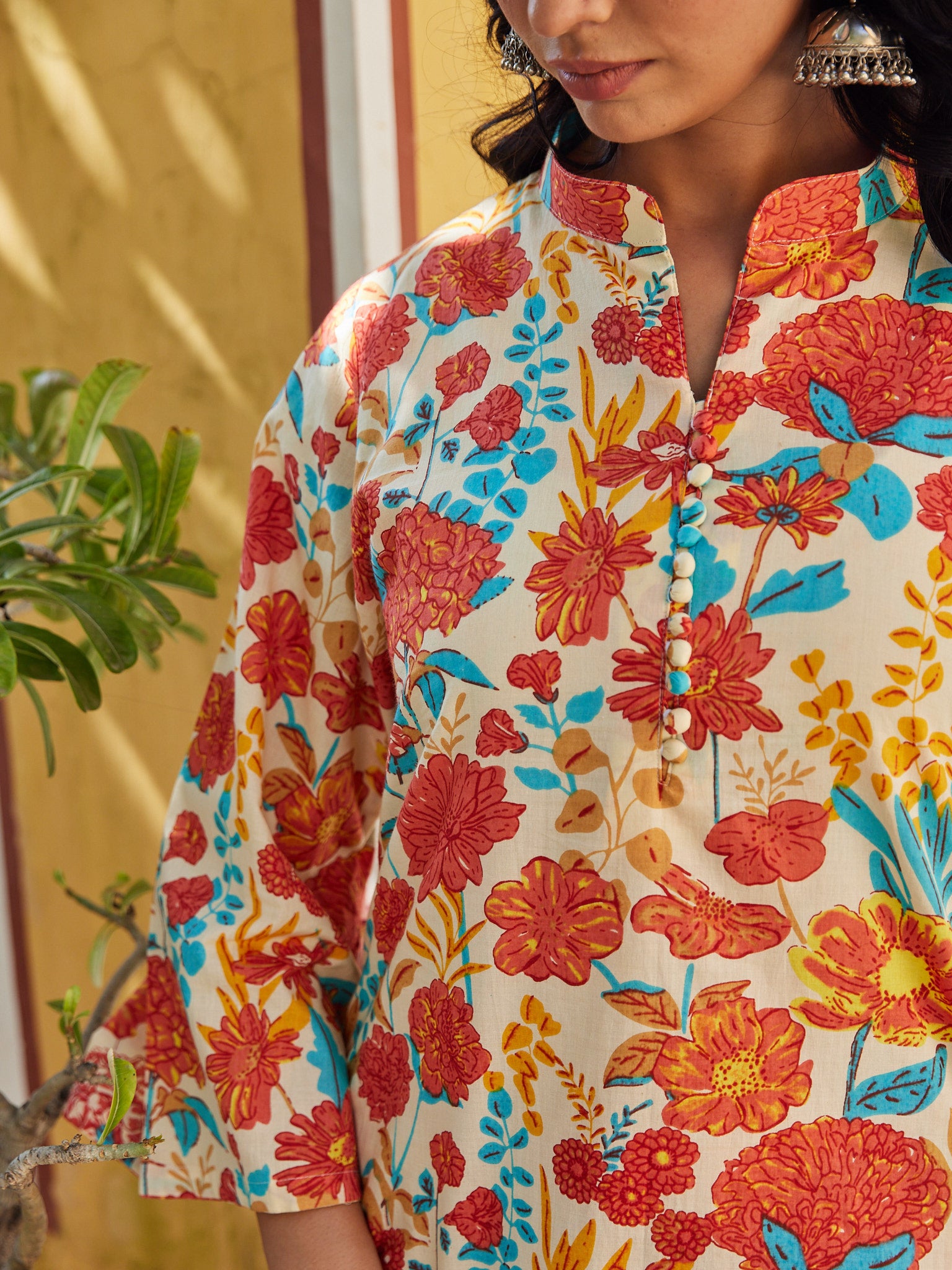 Cotton Women's Red-Orange Floral Kurta Pant Set