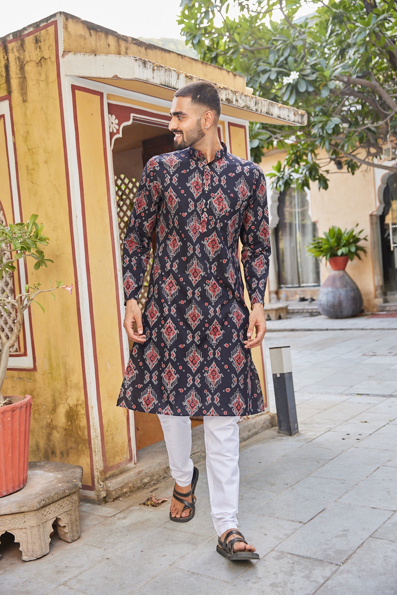 Cotton Black-Red Ikat Block Print Men's Ethnic Kurta