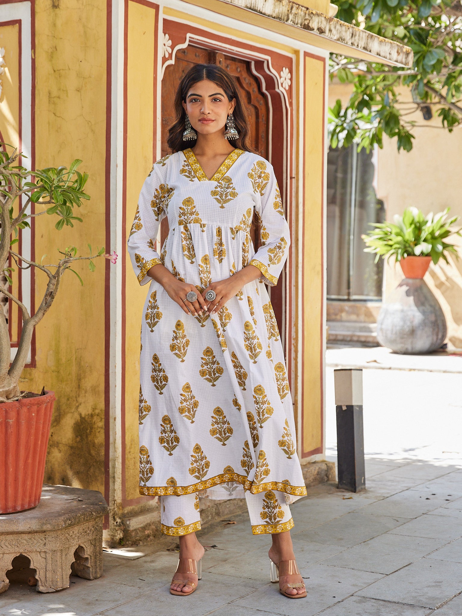Cotton White-Musterd Floral Womens Kurta Pent Set