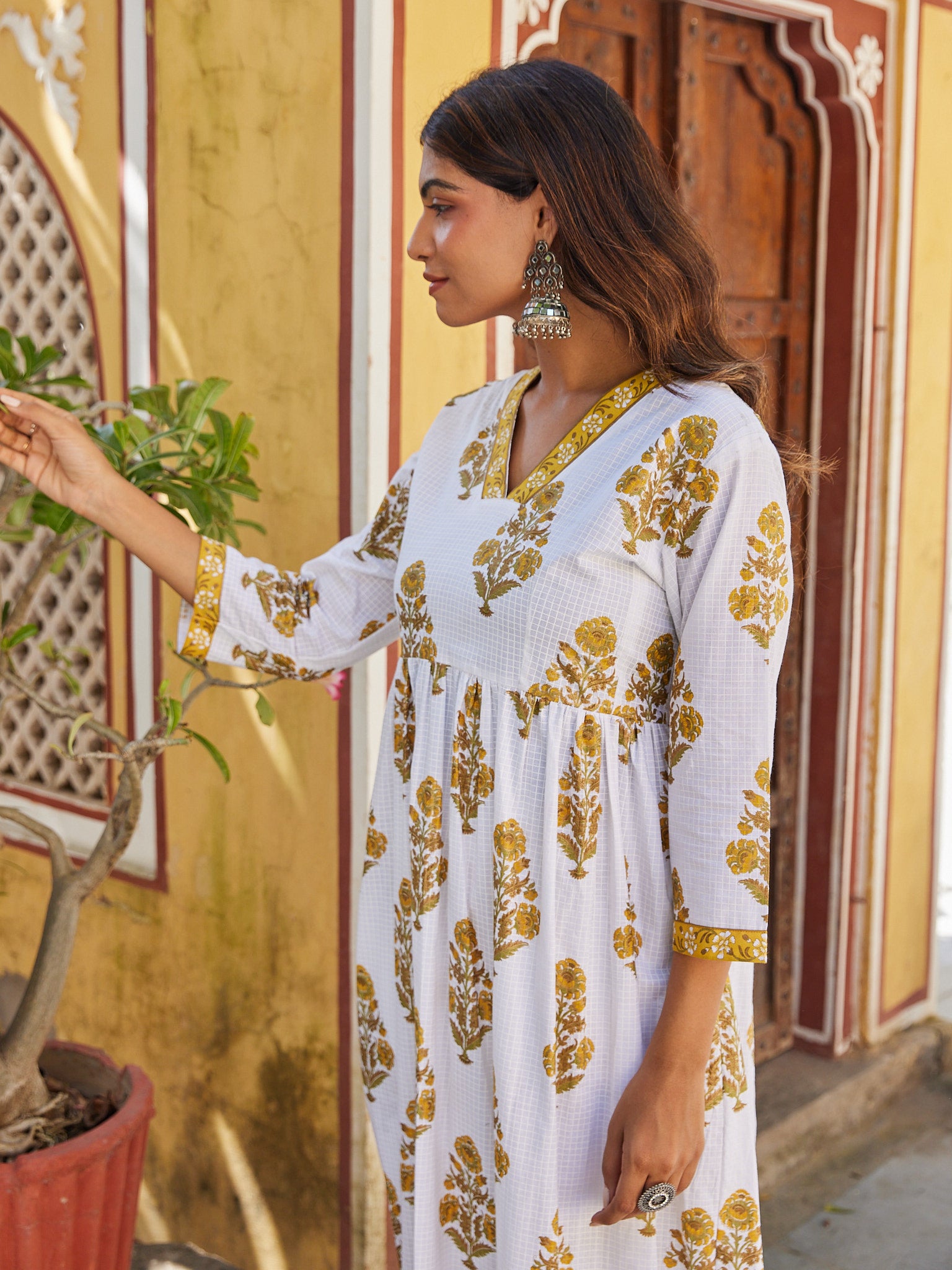 Cotton White-Mustard Floral Women's Long Kurti