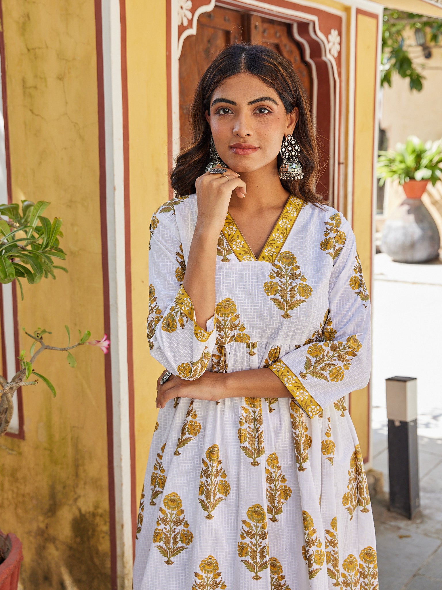 Cotton White-Mustard Floral Women's Long Kurti