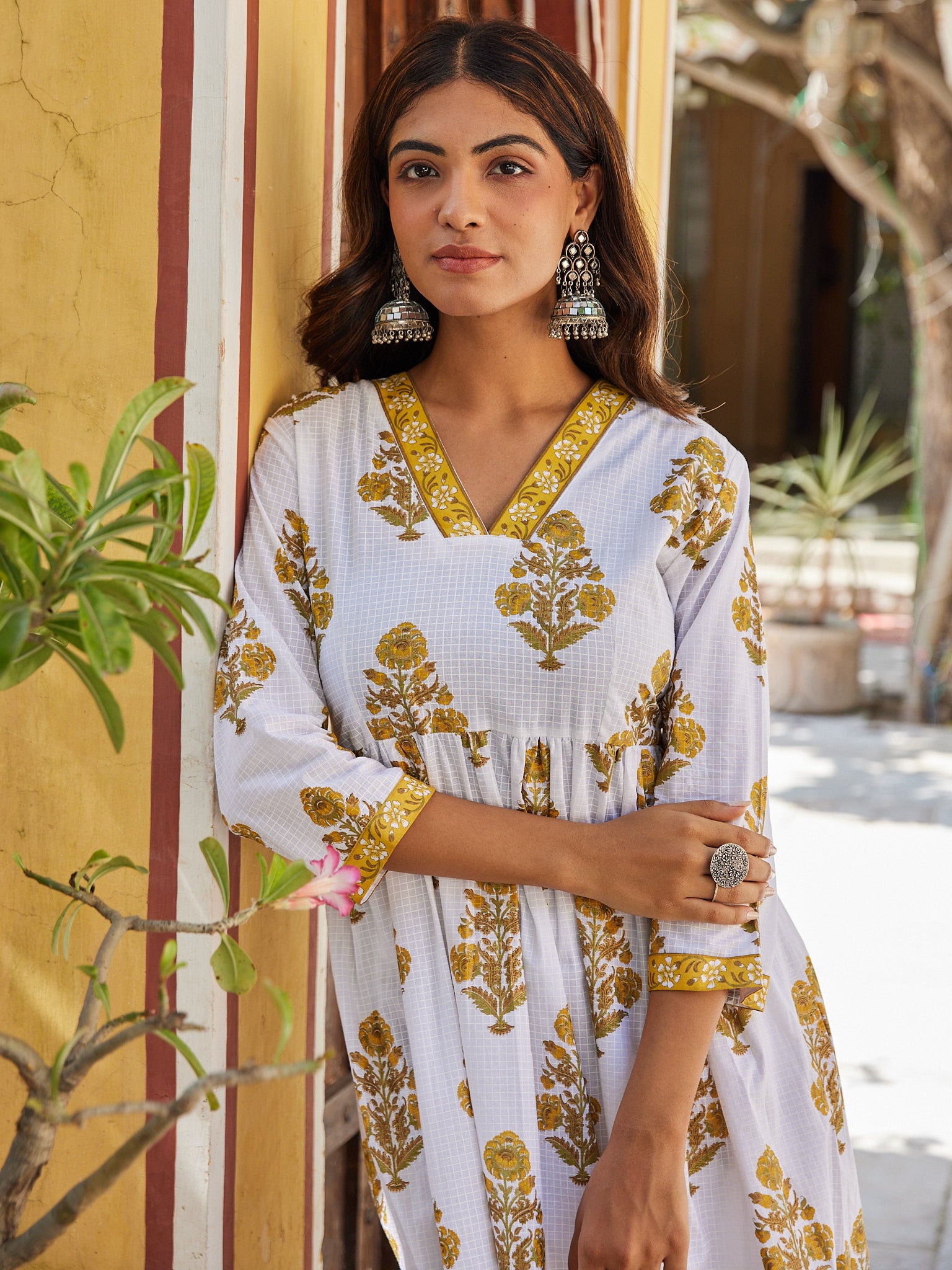 Cotton White-Mustard Floral Women's Long Kurti