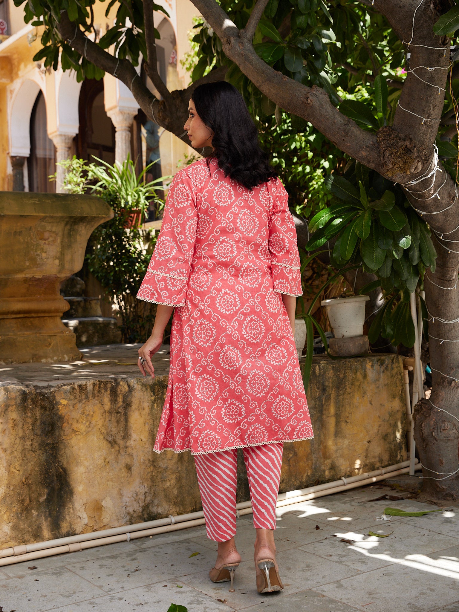 Cotton Women's Peach-White Bandhani Kurta Pant Set