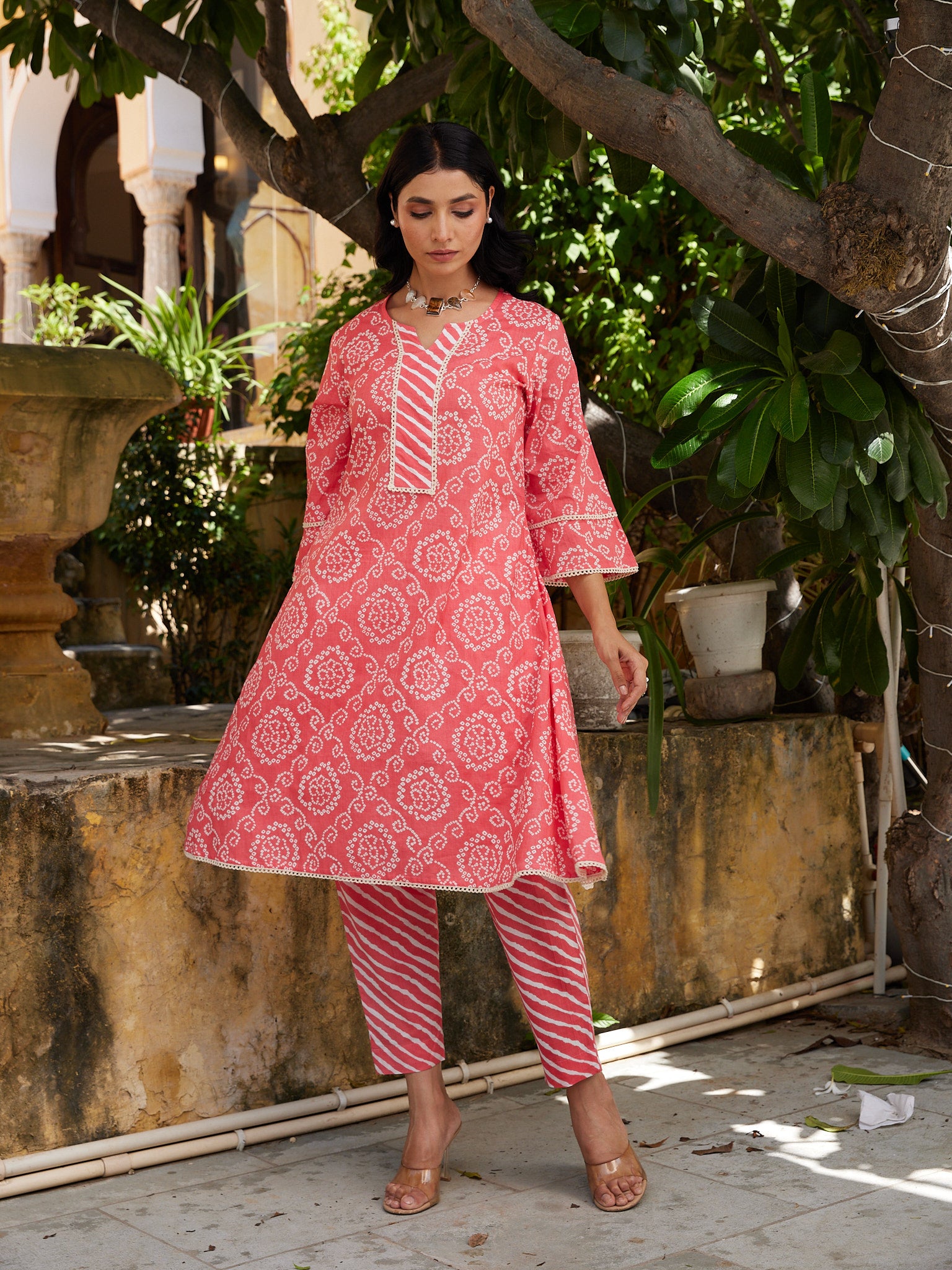 Cotton Women's Peach-White Bandhani Kurta Pant Set