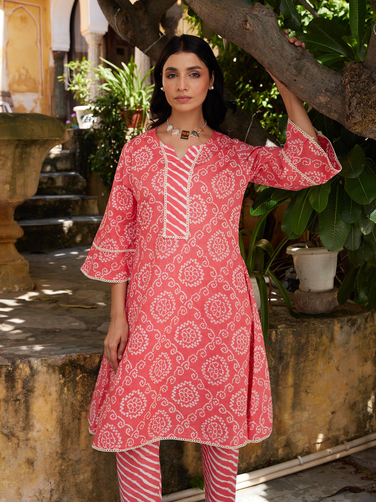 Cotton Women's Peach-White Bandhani Kurta Pant Set