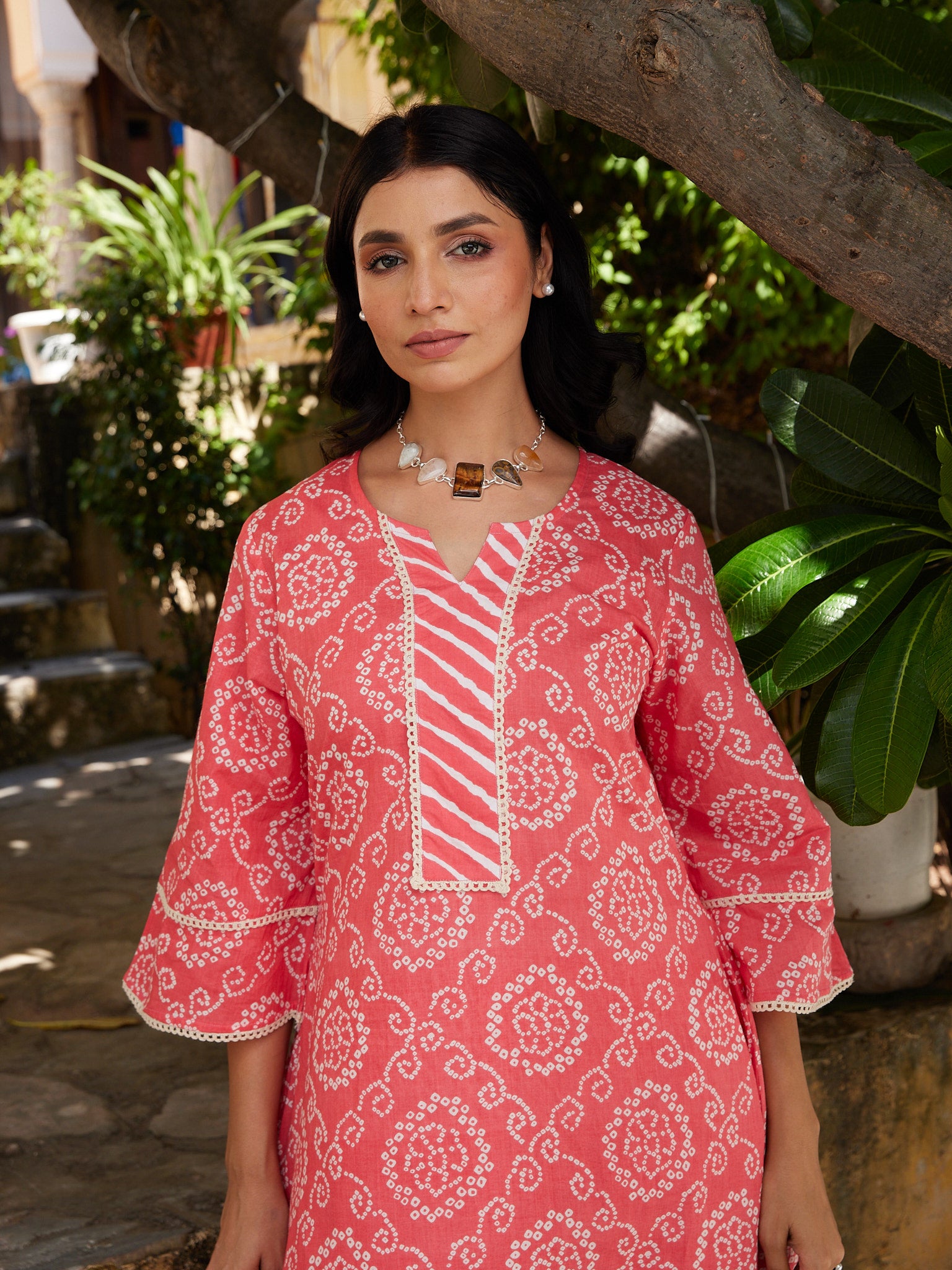 Cotton Women's Peach-White Bandhani Kurta Pant Set