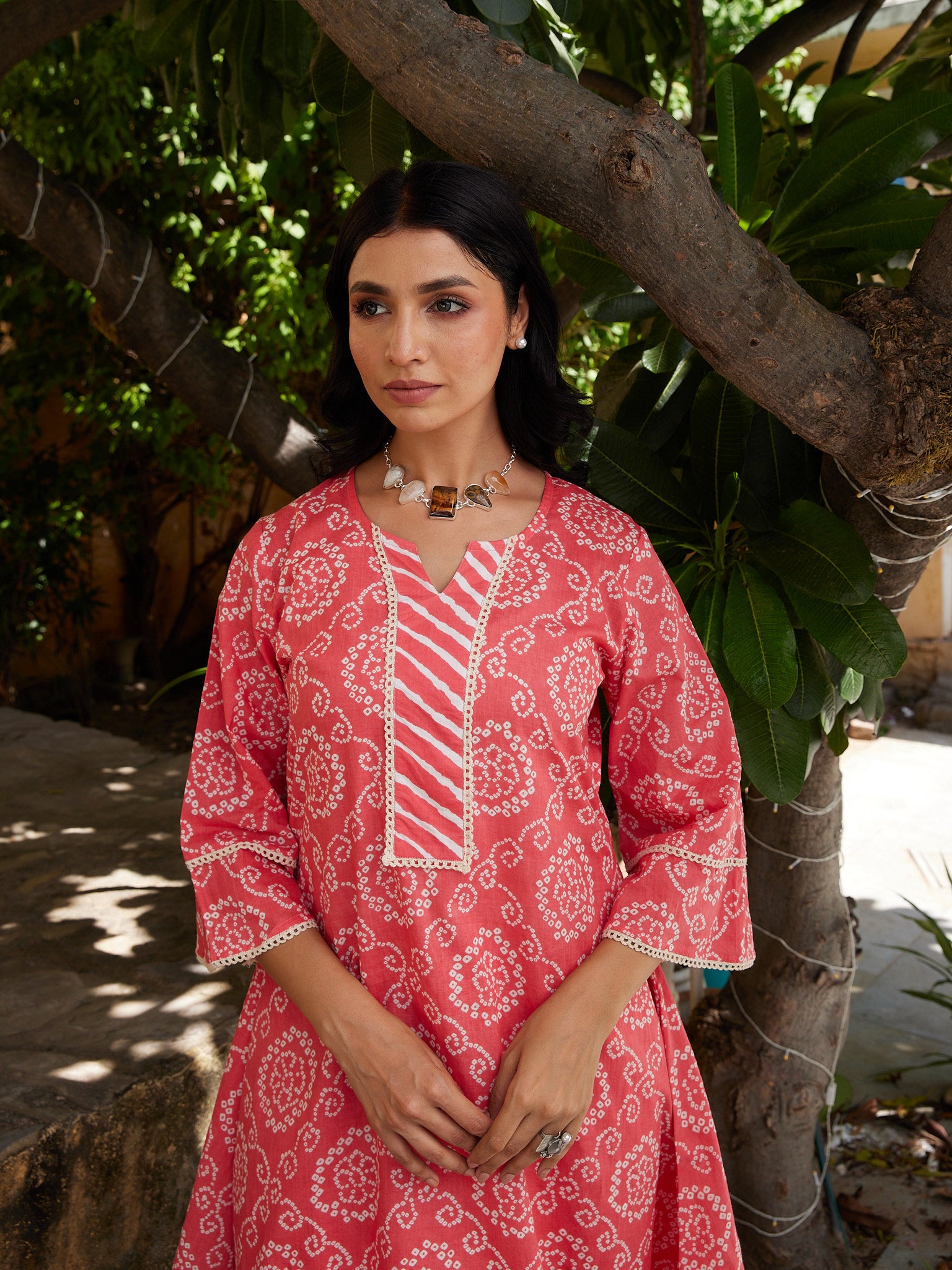 Cotton Women's Peach-White Bandhani Kurta Pant Set