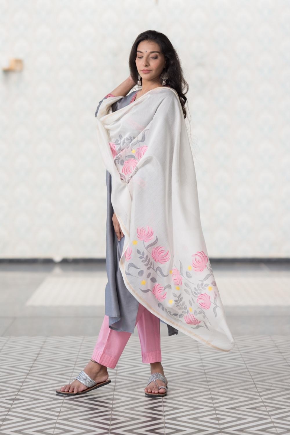 Grey Lotus Chanderi Kurta Pant Dupatta Set (6848593526883)