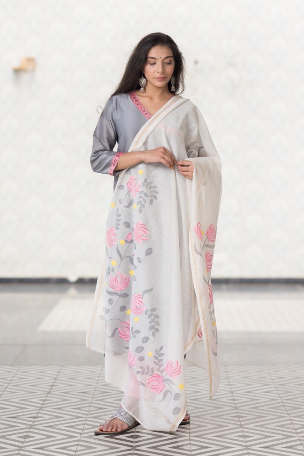 Grey Lotus Chanderi Kurta Pant Dupatta Set (6848593526883)