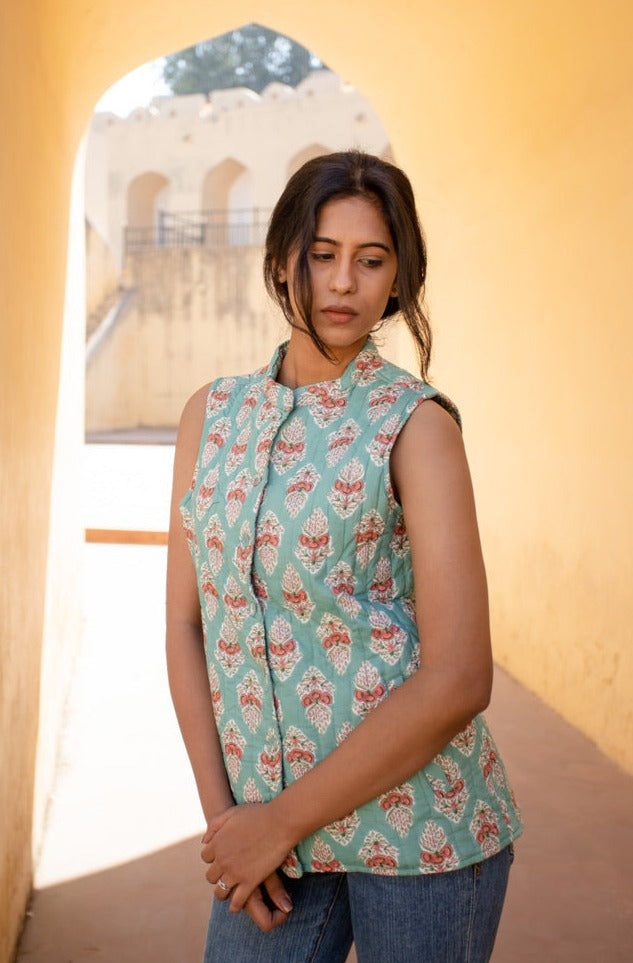Reversible Quilted Sleeveless Jacket - Green and Pink - Buti - Phool