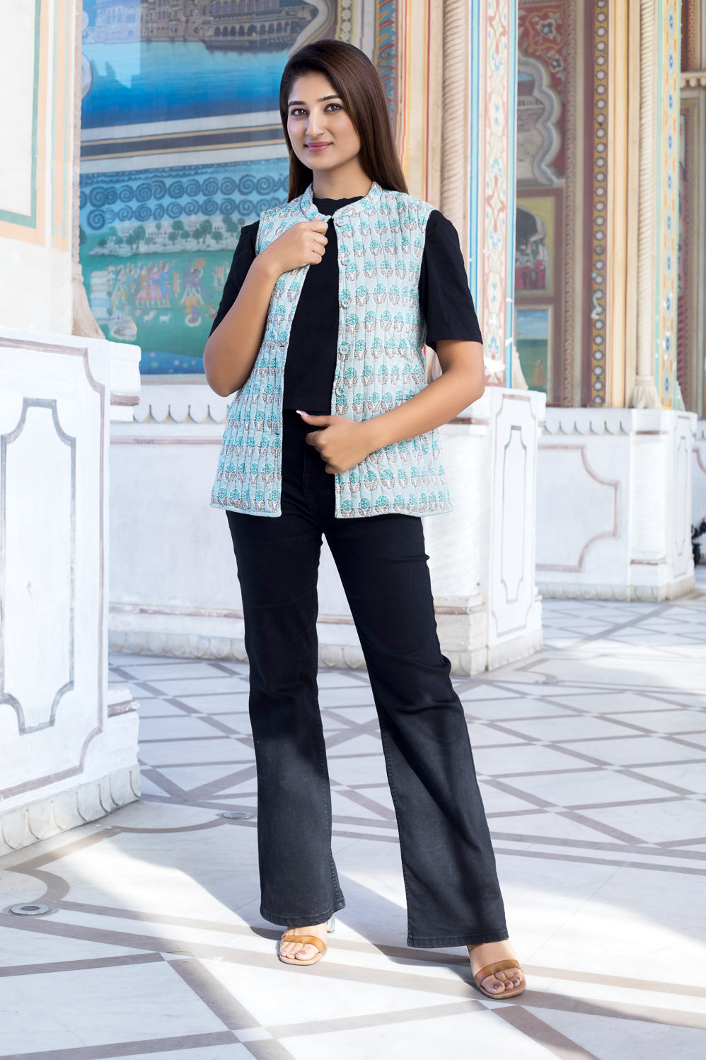 Quilted Sleeveless Jacket - Sage green and Grey - Buti - Phool