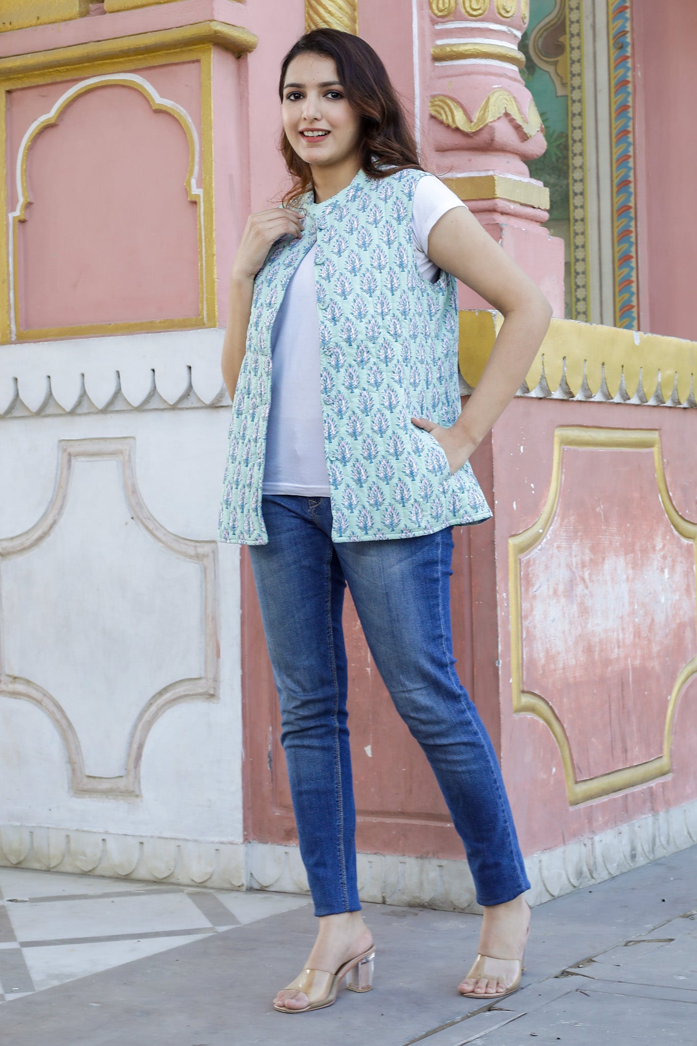 Reversible Quilted Sleeveless Jacket - Sage green and Grey - Buti - Patti