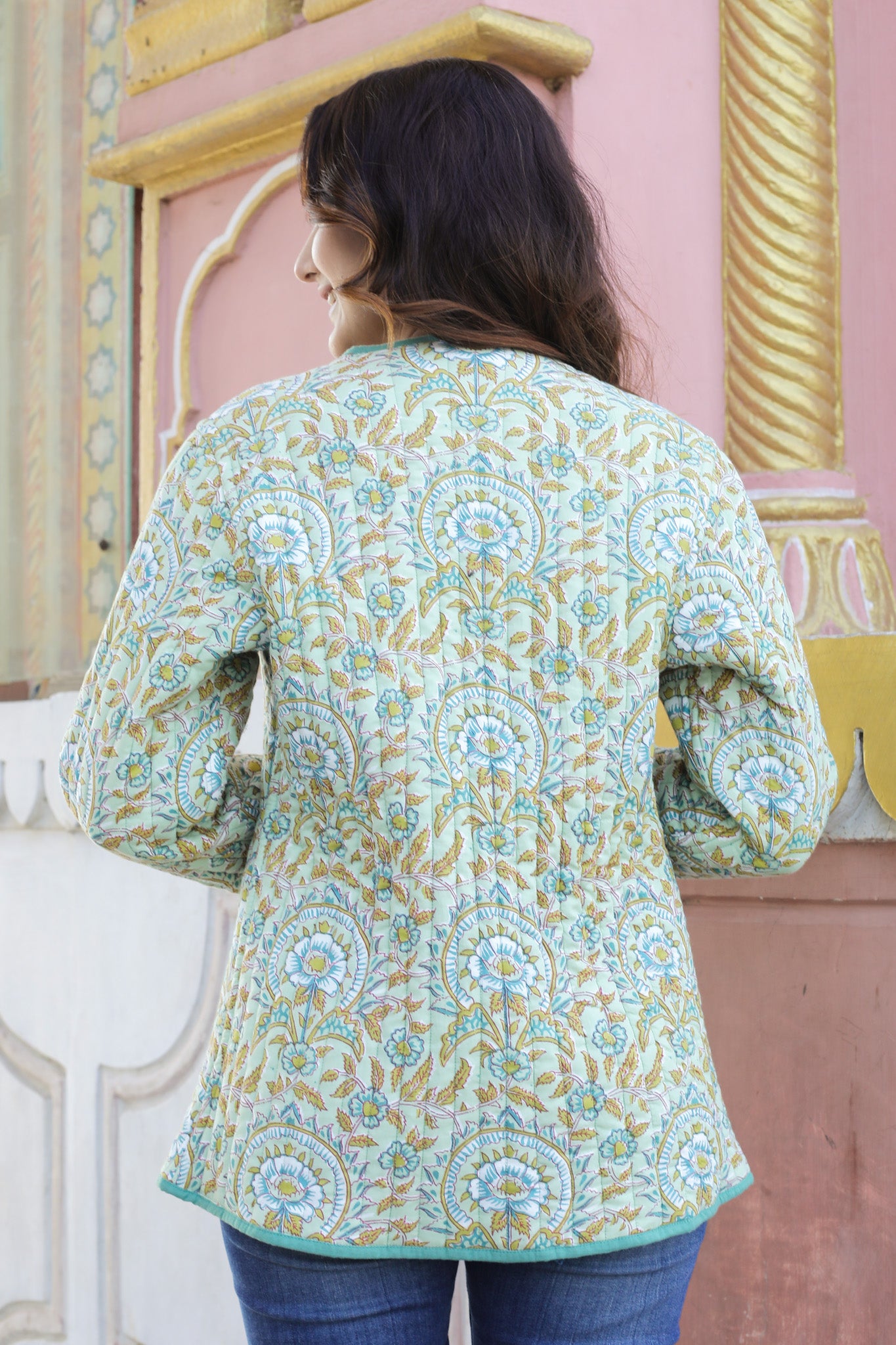 Cotton Quilted Jacket | Green & Mustard