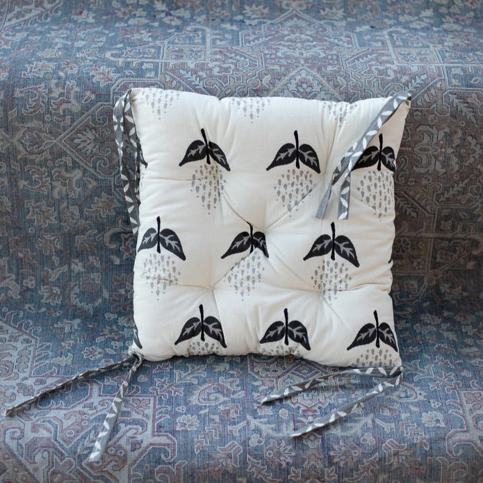 Cotton Chair Cushion Square White Grey Floral Print Ethnic Rajasthan