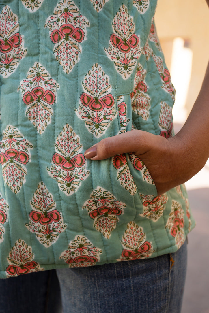 Quilted Sleeveless Jacket - Green and Pink - Buti - Phool