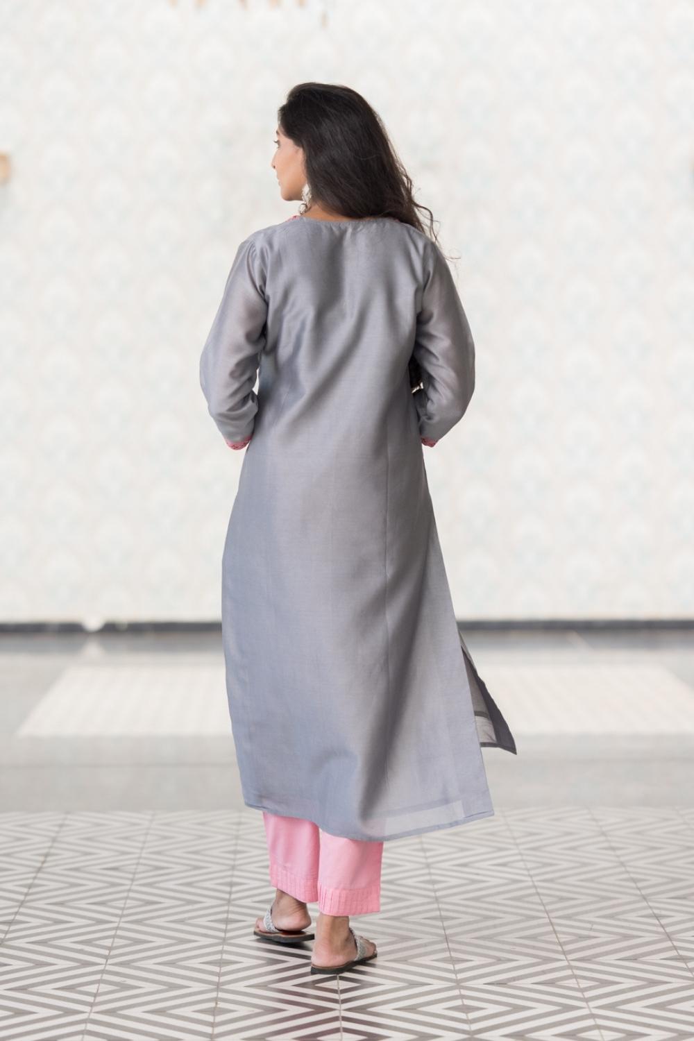 Grey Lotus Chanderi Kurta Pant Dupatta Set (6848593526883)