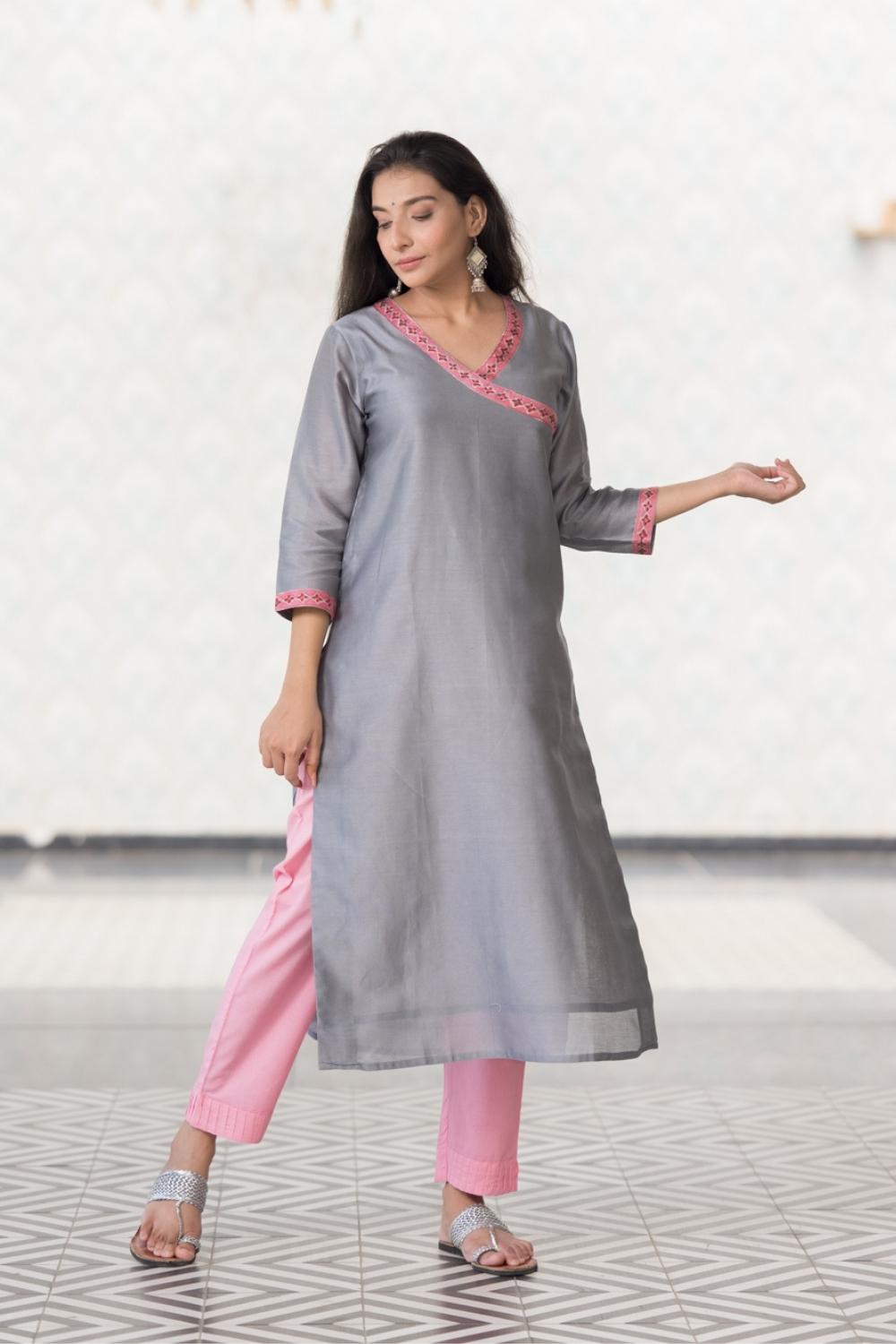 Grey Lotus Chanderi Kurta Pant Dupatta Set (6848593526883)
