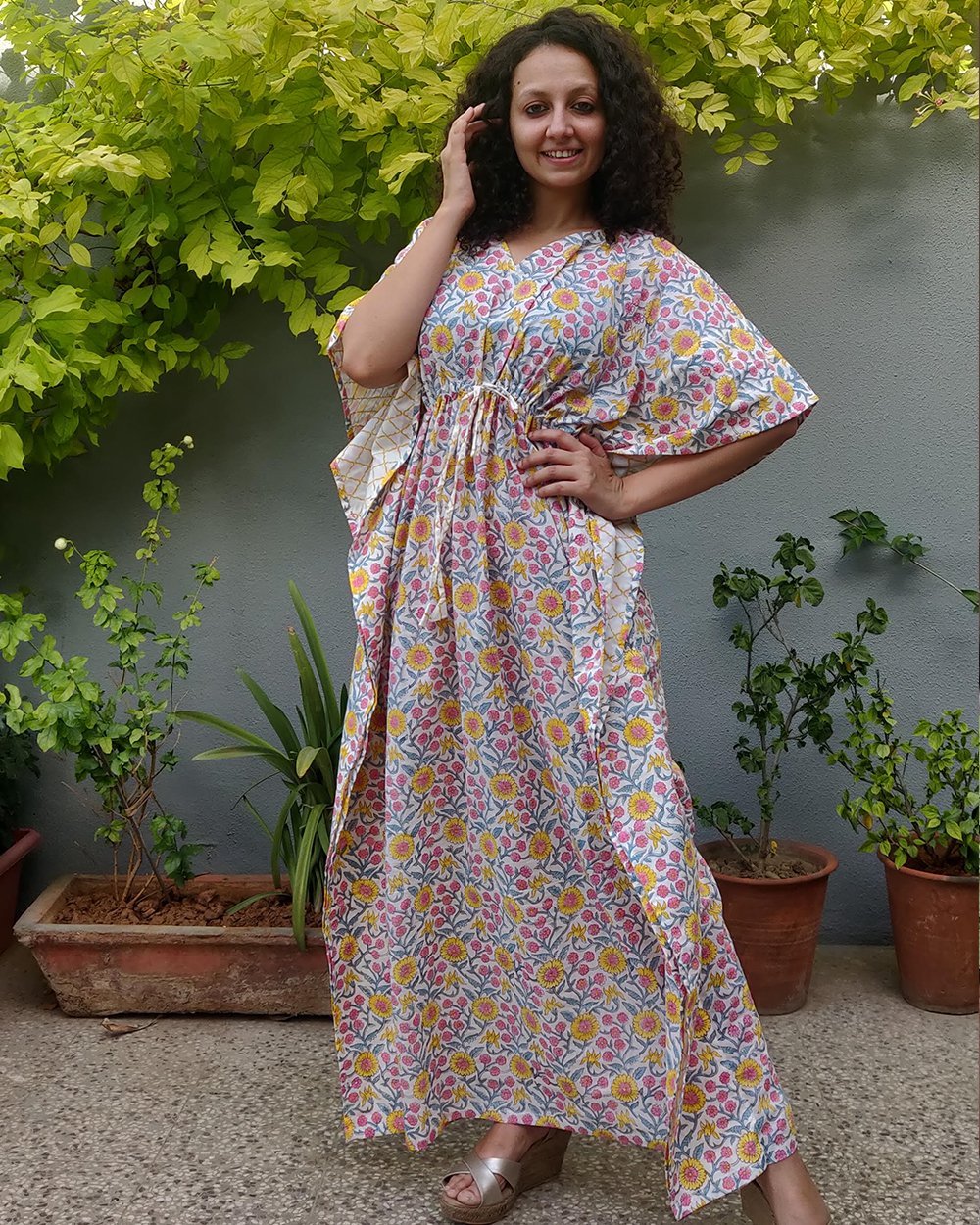 Cotton Long Kaftan Multicolor Floral Jaal Block Print