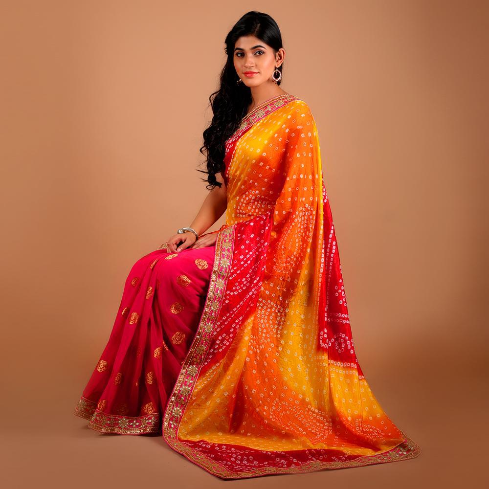Art Silk Bandhej Gota Work Half n Half Saree (279398318120)