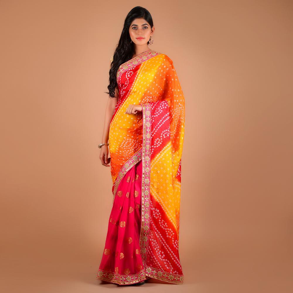 Art Silk Bandhej Gota Work Half n Half Saree (279398318120)