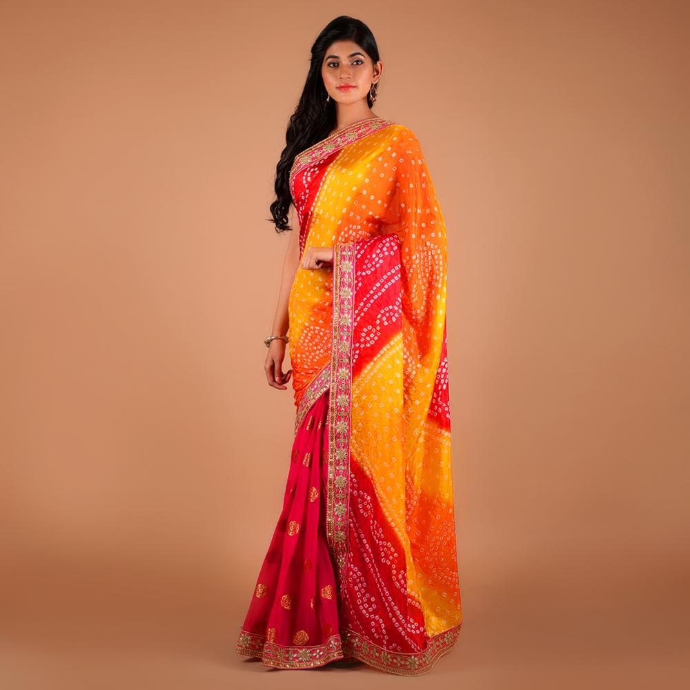 Art Silk Bandhej Gota Work Half n Half Saree (279398318120)