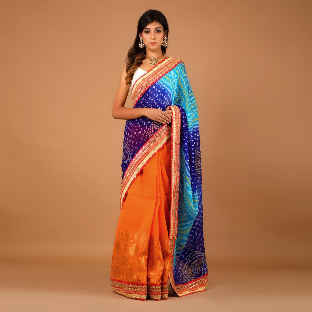 Chiffon Bandhej Gota Work Half n Half Saree (297936650280)