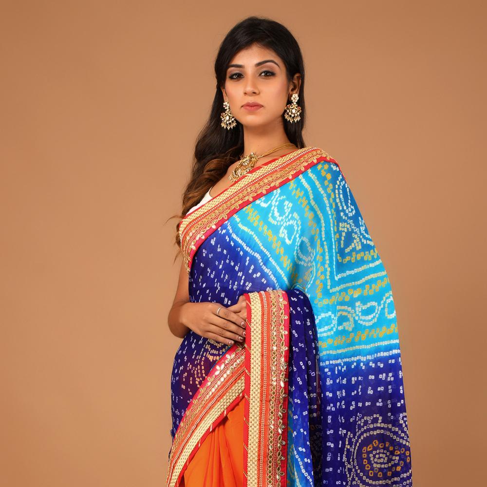 Chiffon Bandhej Gota Work Half n Half Saree (297936650280)